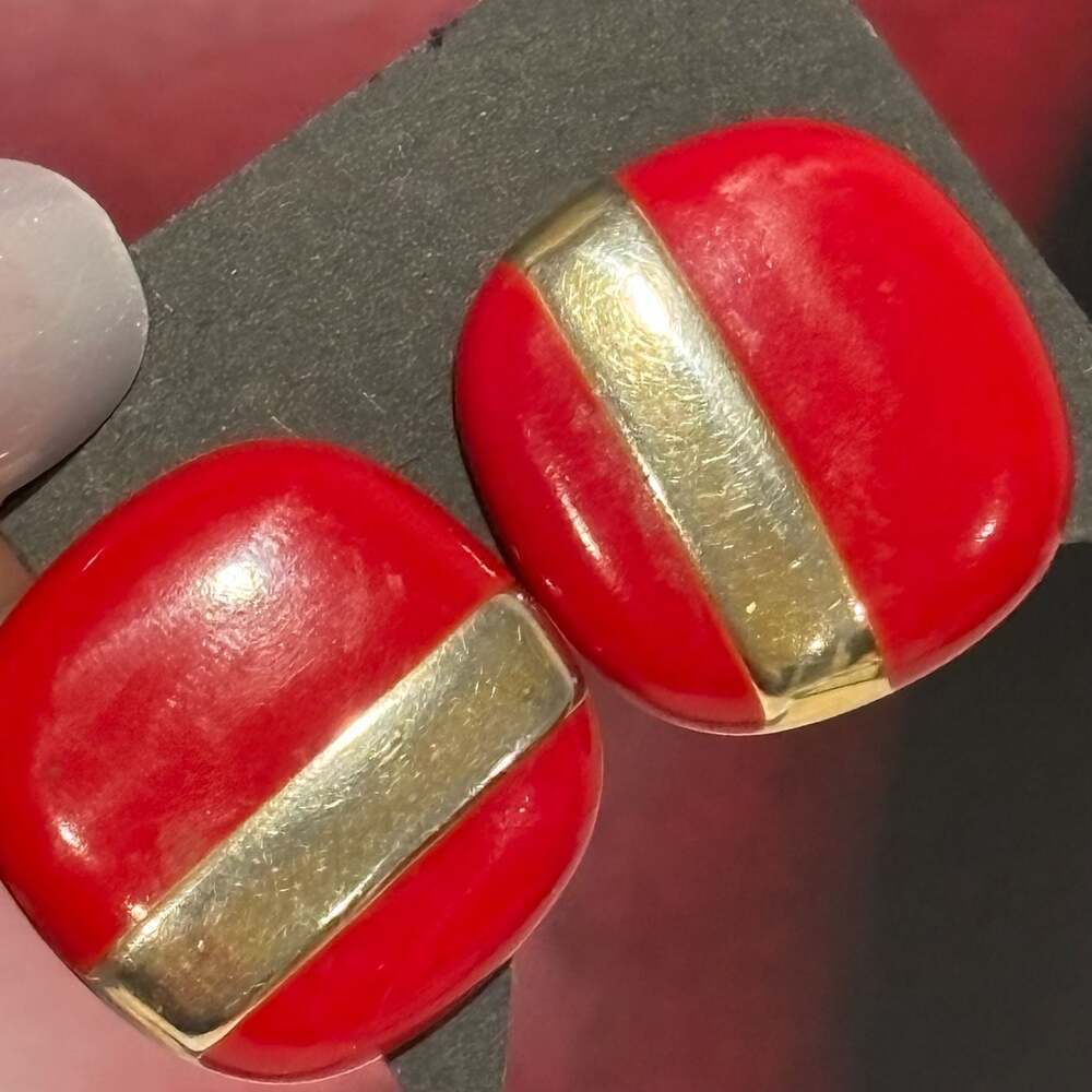 Vintage Monet Red Enamel and Gold Tone Striped Rounded Square Stud Earrings